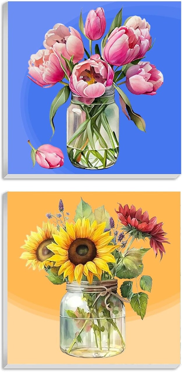 Paint by Numbers Kit for Adults with Frame, 2 Pack Easy Flowers Adult Paint by Number Kits on Canvas for Beginner, Acylic Simple Floral 10x10 Inch Paint by Numer Kit with Exquisite Packaging